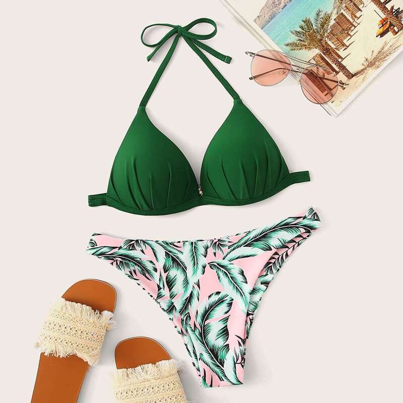 

Pleated Halter Top With Tanga Bikini Set, Multicolor