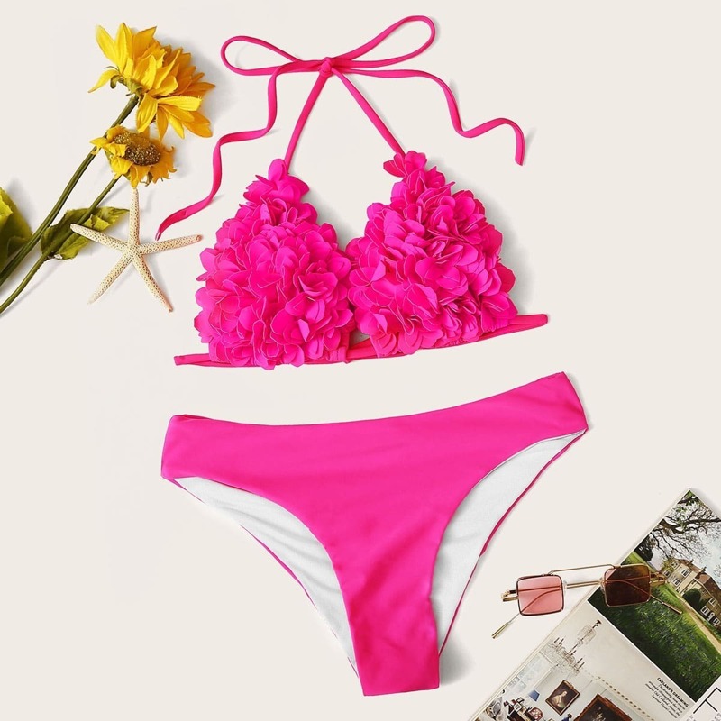 

Neon Pink Flower Applique Triangle Bikini Set, Pink bright