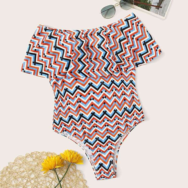 

Chevron Print Flounce One Piece Swimsuit, Multicolor