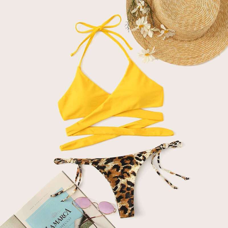 

Wrap Halter Top With Leopard Tanga Bikini Set, Multicolor