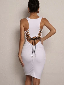 Joyfunear vestido tank fruncido de espalda con abertura con cordón - Blanco - Ver 3