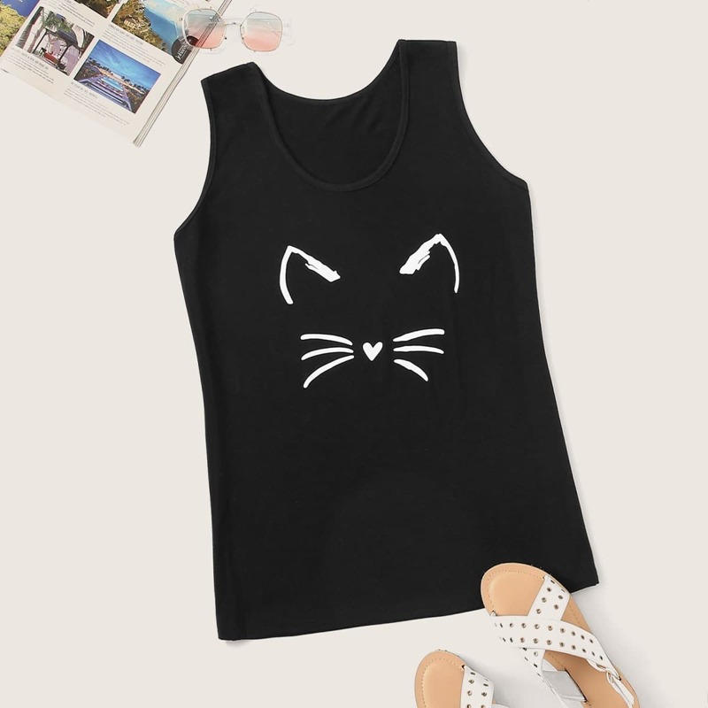 

Plus Cat Print Tank Top, Black