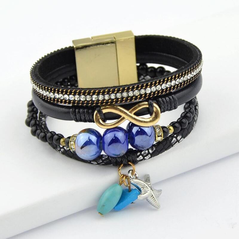 

Starfish & Rhinestone PU Bracelet, Black