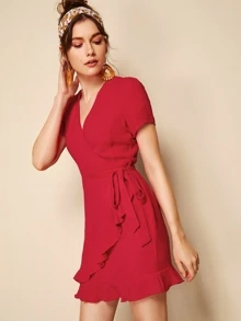 SHEIN Vestido cruzado con dobladillo con volantes - Burdeos - Ver 4
