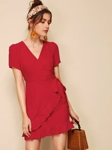 SHEIN Vestido cruzado con dobladillo con volantes - Burdeos - Ver 1