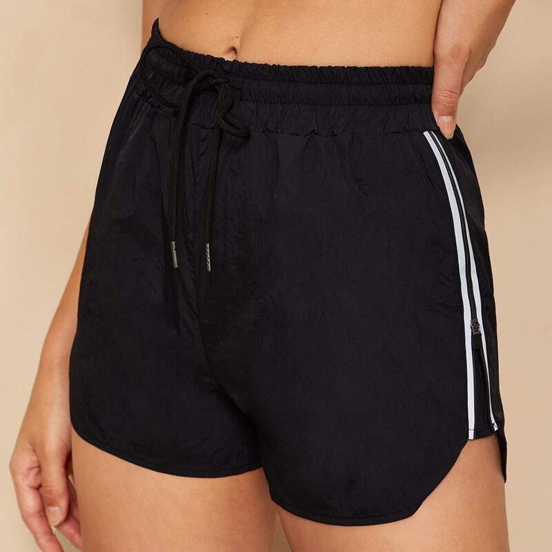 

Drawstring Waist Zipper Striped Side Dolphin Shorts, Black