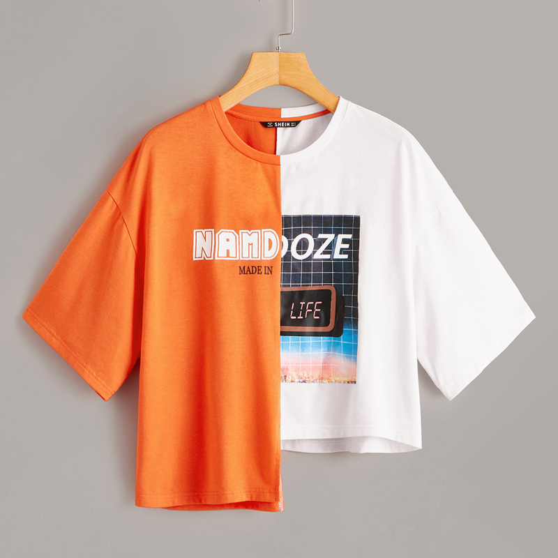 

Mixed Print Two Tone Asymmetrical Neon Tee, Multicolor