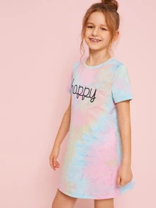 SHEIN 女孩字母印花紮染洋裝