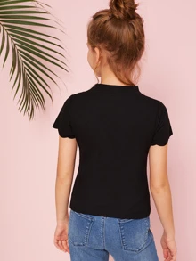 SHEIN Camiseta de niñas de canalé de cuello con gargantilla en abanico - Negro - Ver 2