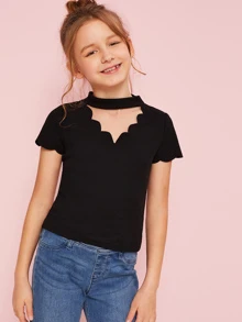 SHEIN Camiseta de niñas de canalé de cuello con gargantilla en abanico - Negro - Ver 3
