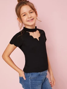 SHEIN Camiseta de niñas de canalé de cuello con gargantilla en abanico - Negro - Ver 4