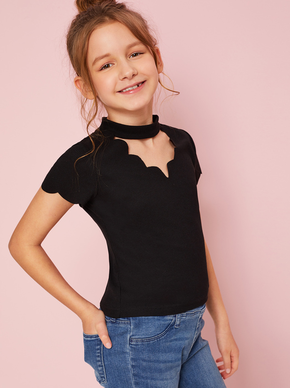 SHEIN Kids Nujoom Girls Scalloped Choker Neck Ribbed Tee SHEIN USA