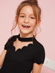 SHEIN Camiseta de niñas de canalé de cuello con gargantilla en abanico - Negro - Ver 5