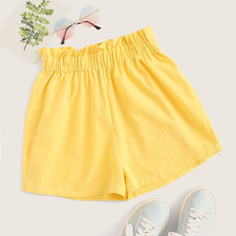 

Frilled Elastic Waist Paperbag Shorts, Yellow