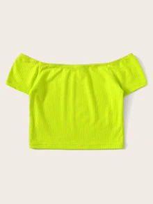 SHEIN Neon Lime Off Shoulder Rib-knit Tee - Lime Green - View 2