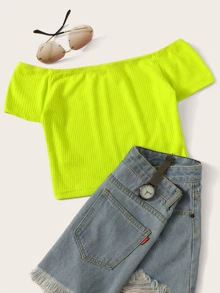 SHEIN Neon Lime Off Shoulder Rib-knit Tee - Lime Green - View 1