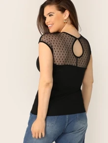 SHEIN Plus Keyhole Back Dobby Mesh Sweetheart Top - Black - View 2