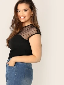 SHEIN Plus Keyhole Back Dobby Mesh Sweetheart Top - Black - View 3