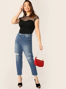 SHEIN Plus Keyhole Back Dobby Mesh Sweetheart Top - Black - View 5