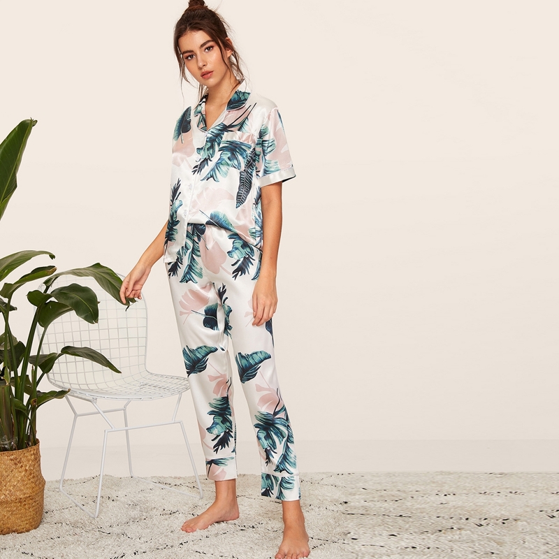 

Tropical Print Satin Pajama Set, Multicolor