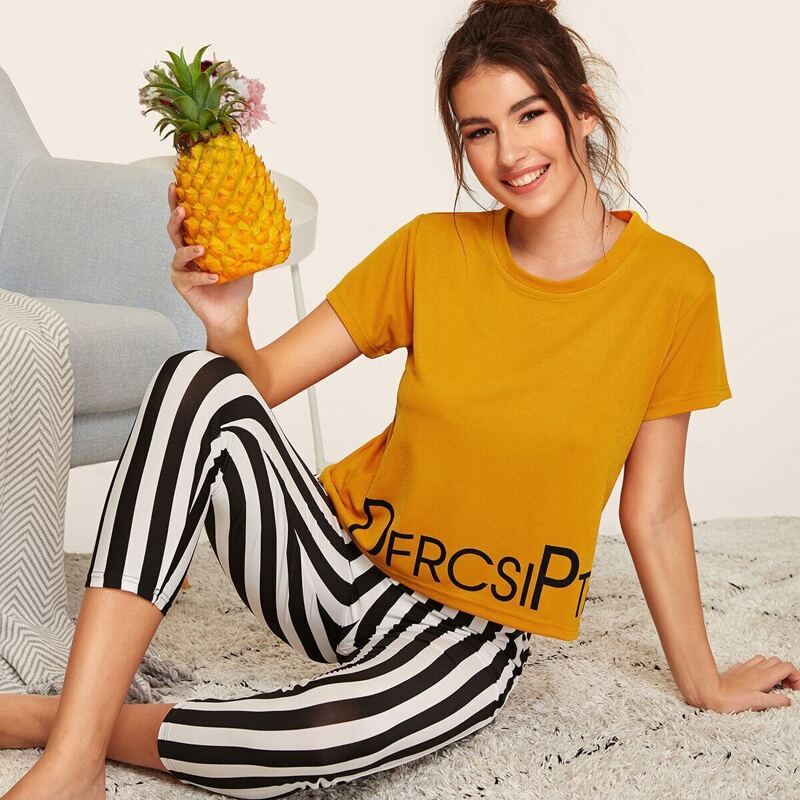 

Letter Print Top & Striped Pants PJ Set, Multicolor