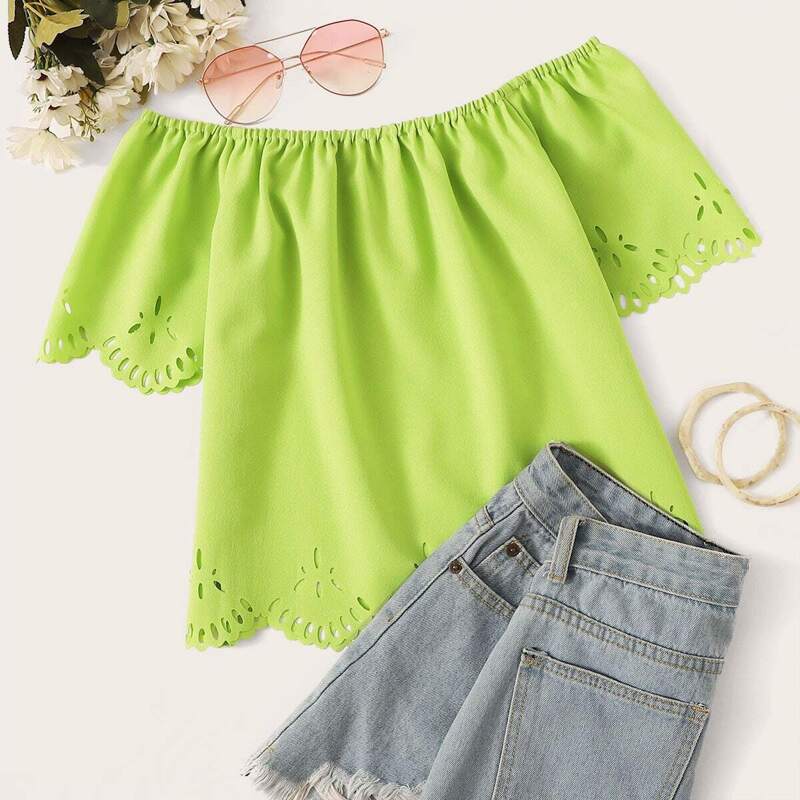 

Neon Green Laser Cut Off The Shoulder Blouse, Green bright