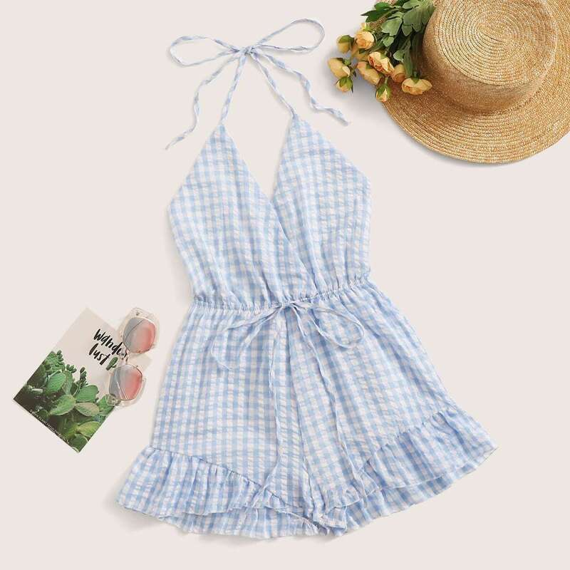 

Gingham Plaid Drawstring Waist Halter Playsuit, Blue