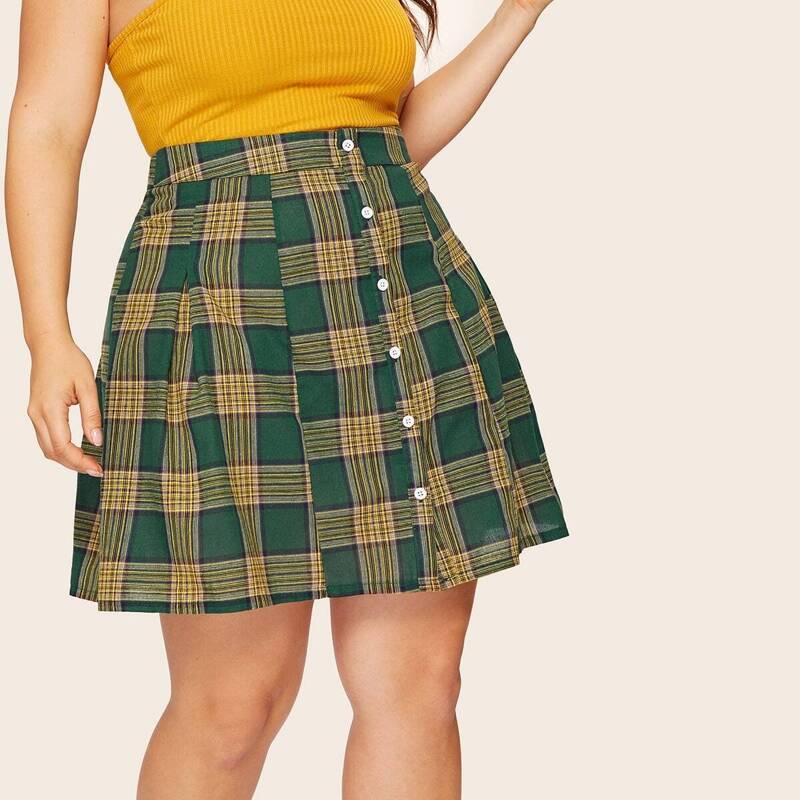 

Plus Button Front Plaid Skirt, Multicolor