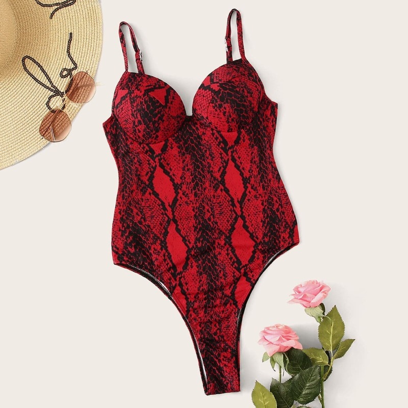 

Snakeskin Print Bustier One Piece Swimwear, Red