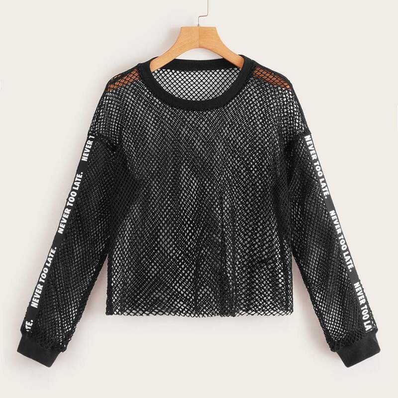 

Letter Tape Side Fishnet Mesh Top, Black