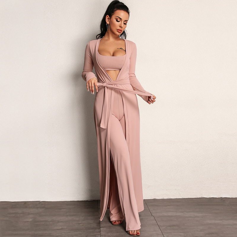 

Self Belted Coat and Pants Set With Cami, Dusty pink