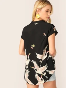SHEIN V-cut Neck Flamingo Print Asymmetrical Hem Blouse - Black - View 2