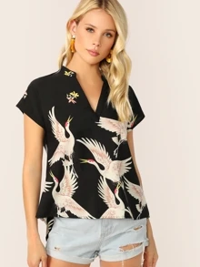 SHEIN V-cut Neck Flamingo Print Asymmetrical Hem Blouse - Black - View 3