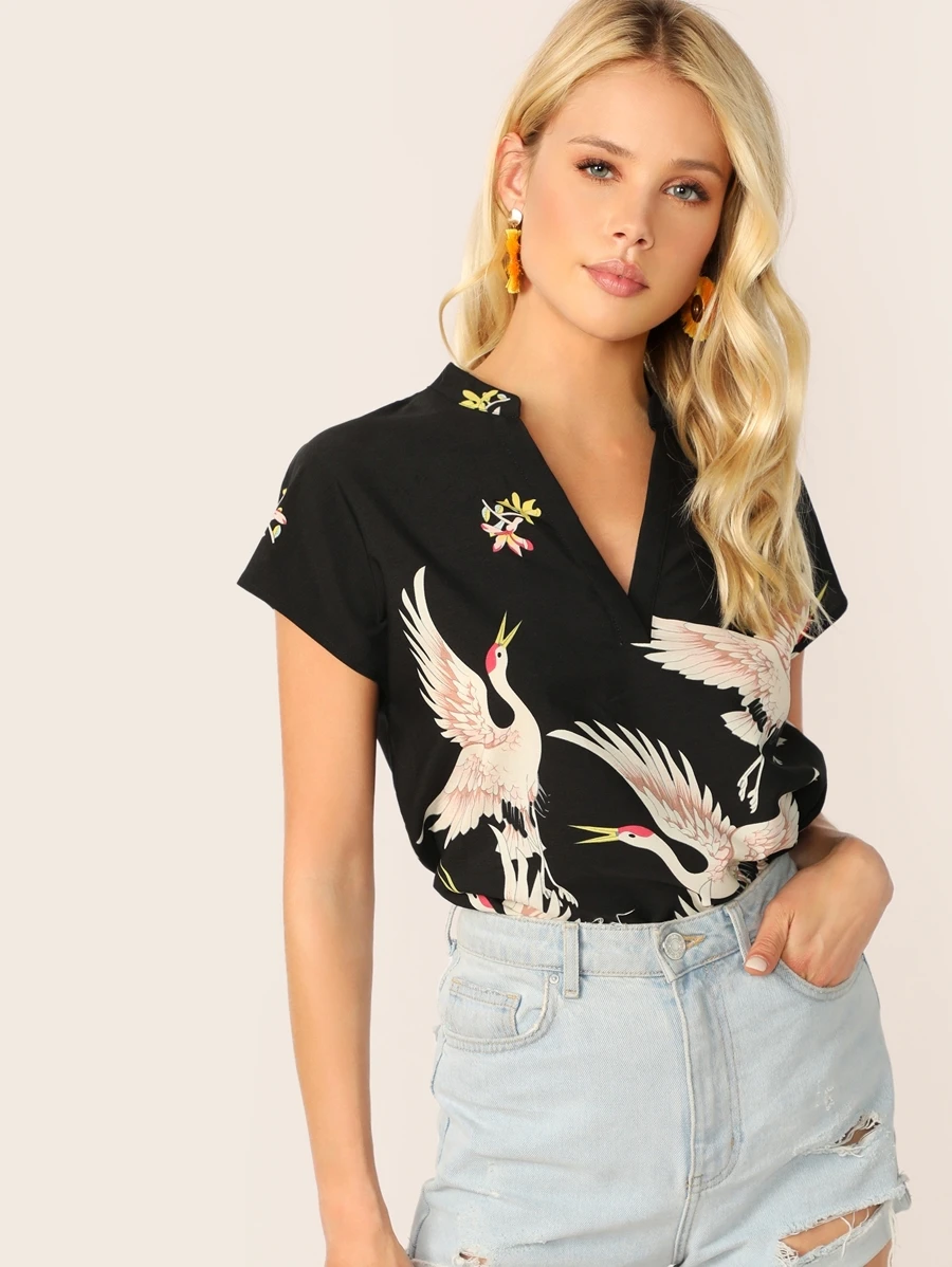 SHEIN V-cut Neck Flamingo Print Asymmetrical Hem Blouse - Black - View 1