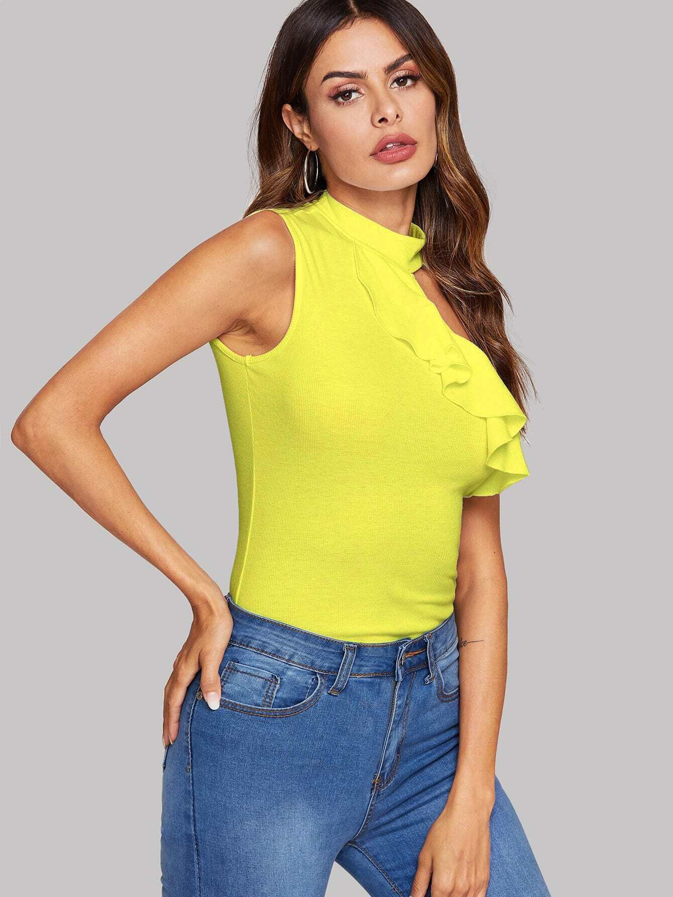 neon yellow ruffle detail asymmetrical neck solid top | shein uk