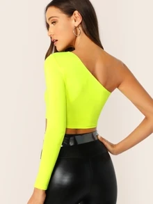 SHEIN BAE Neon Yellow One Shoulder Crop Tee - Yellow - View 3