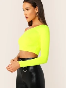 SHEIN BAE Neon Yellow One Shoulder Crop Tee - Yellow - View 4