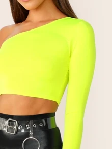 SHEIN BAE Neon Yellow One Shoulder Crop Tee - Yellow - View 5