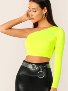 SHEIN BAE Neon Yellow One Shoulder Crop Tee - Yellow - View 2