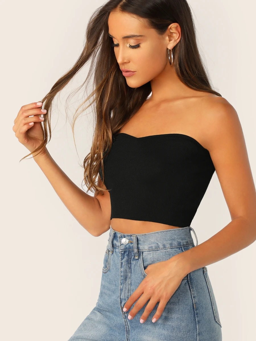 SHEIN Ribbed Sweetheart Neck Bandeau - Black - View 1