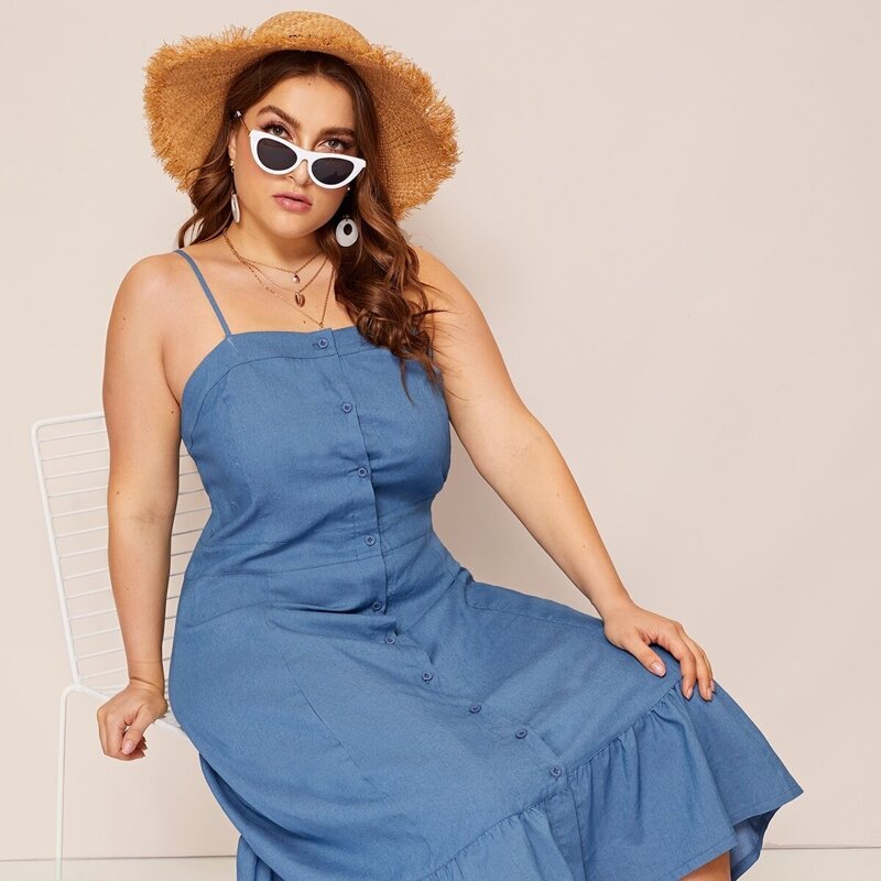 

Plus Ruffle Hem Button Denim Cami Dress, Blue