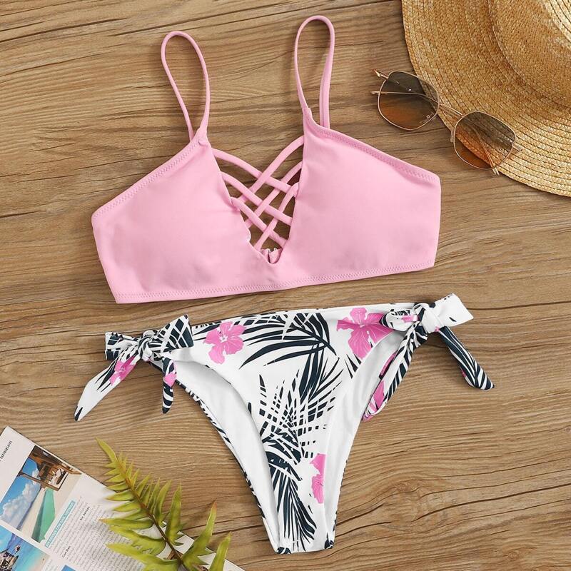 

Lattice Top With Random Tropical Tie Side Bikini, Multicolor