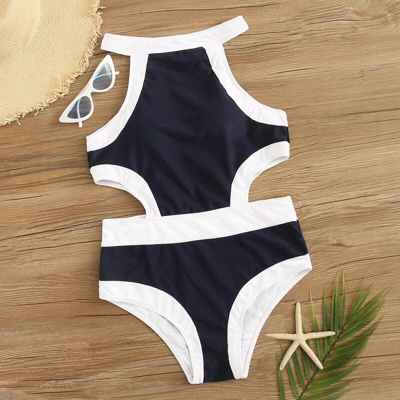 

Two Tone Cut Out One Piece Swimsuit, Multicolor
