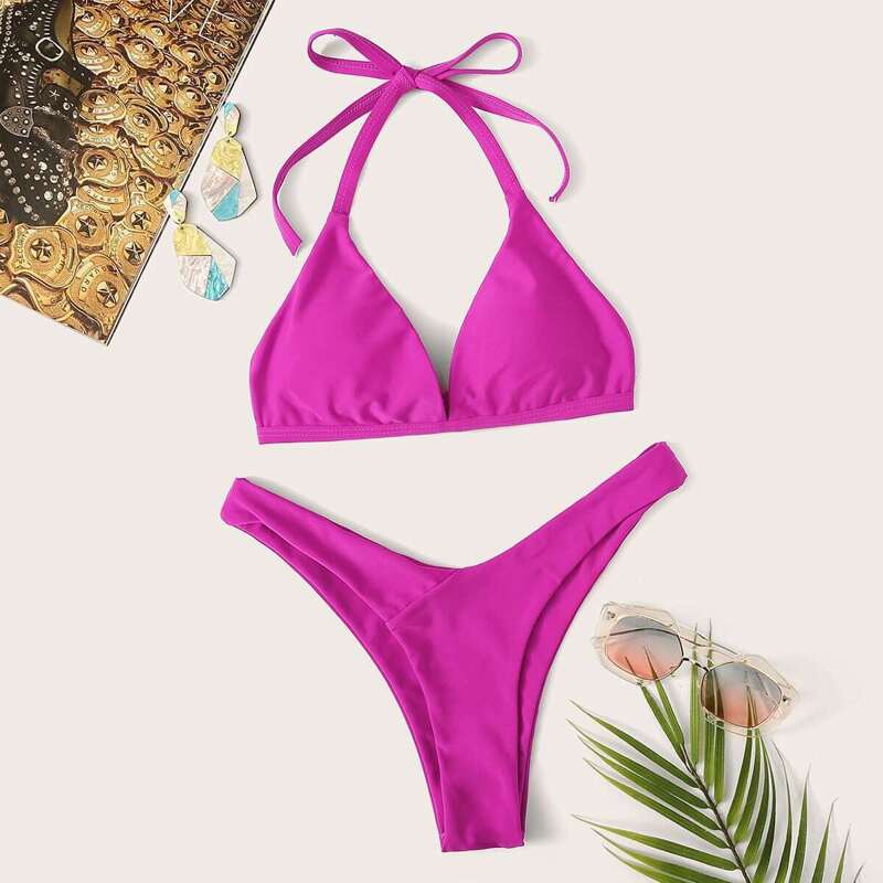 

Halter Top With High Leg Bikini Set, Pink bright