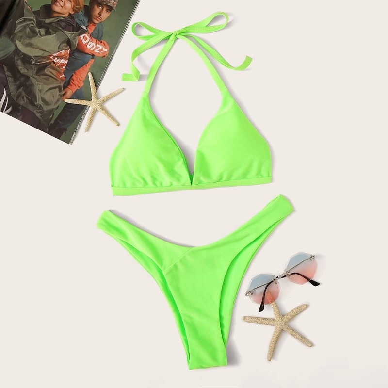 

Neon Lime Halter Top With High Leg Bikini Set, Green bright
