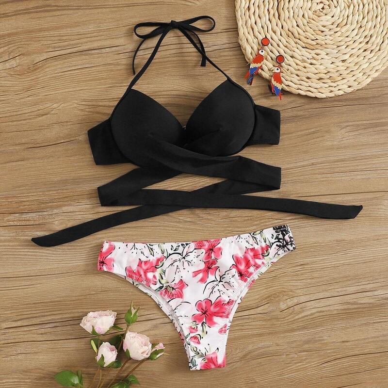 

Wrap Halter Top With Random Floral Panty Bikini, Multicolor