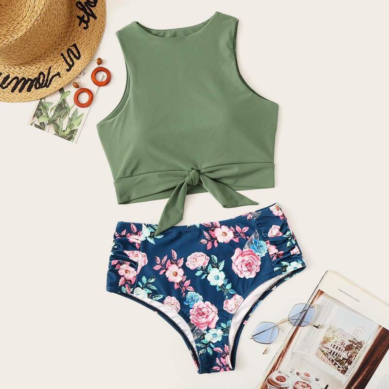 

Knot Hem Top With Random Floral Bikini Set, Multicolor