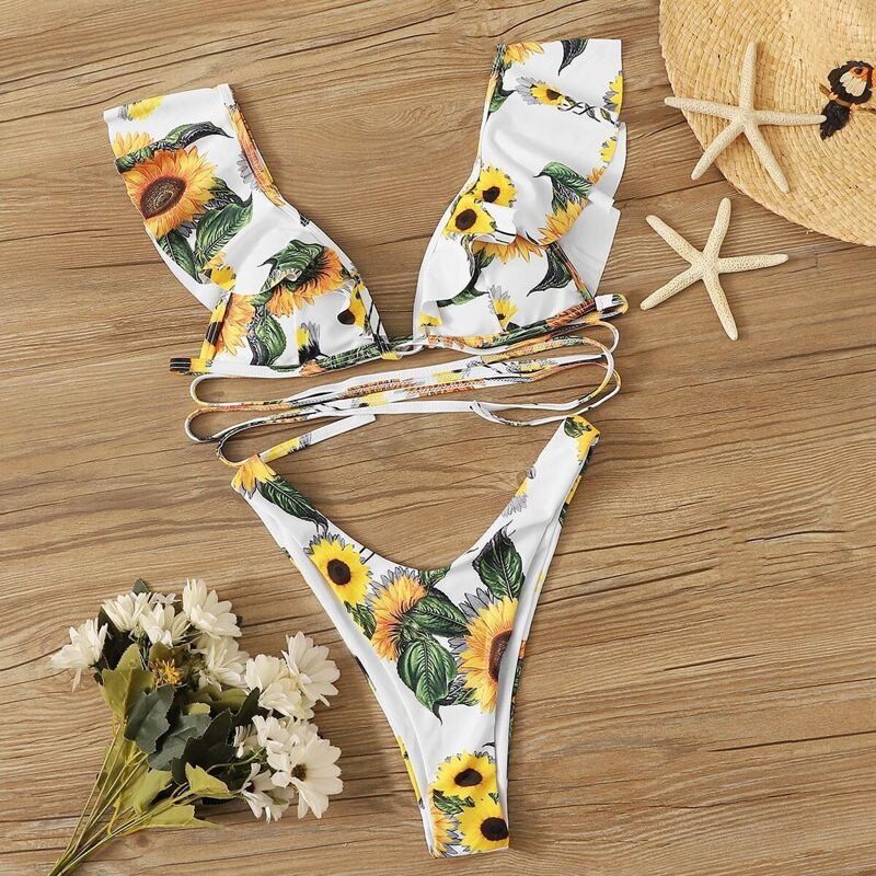 

Random Floral Ruffle Top With High Cut Bikini Set, Multicolor