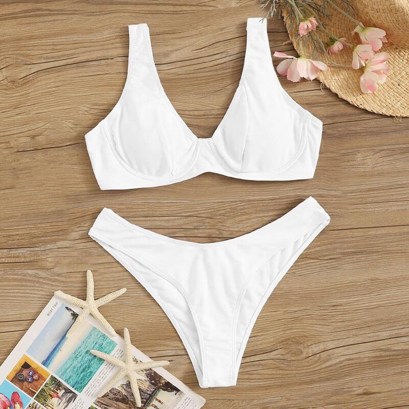 

Underwire Top With High Cut Bikini Set, White
