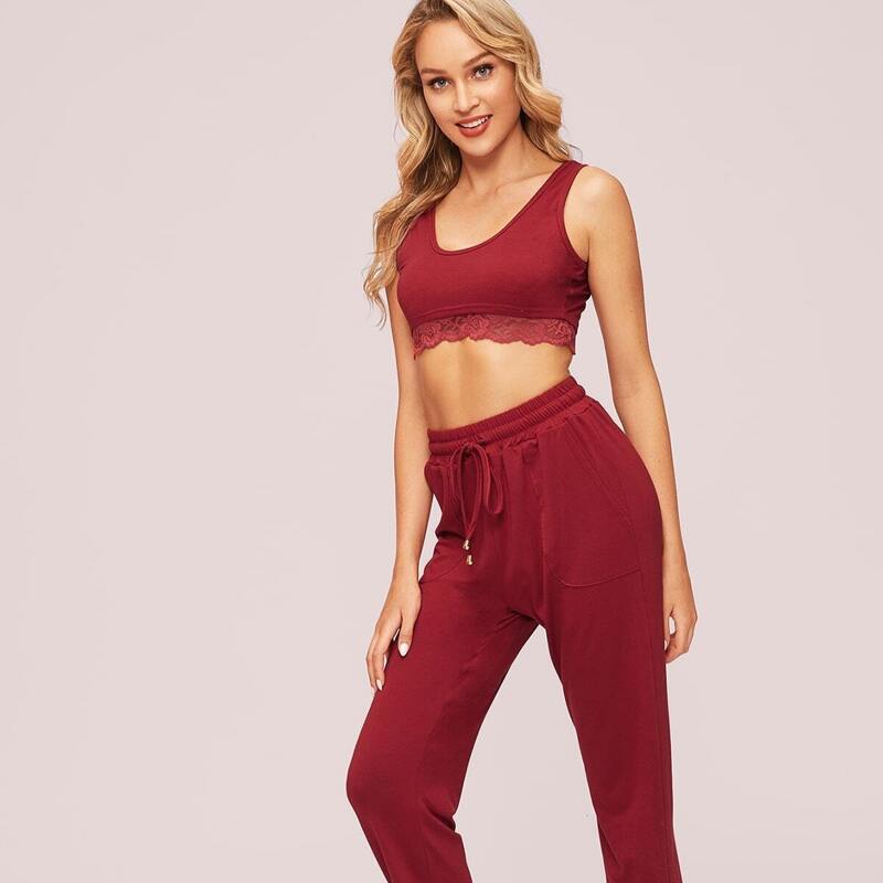 

Lace Trim Crop Top & Pants PJ Set, Burgundy